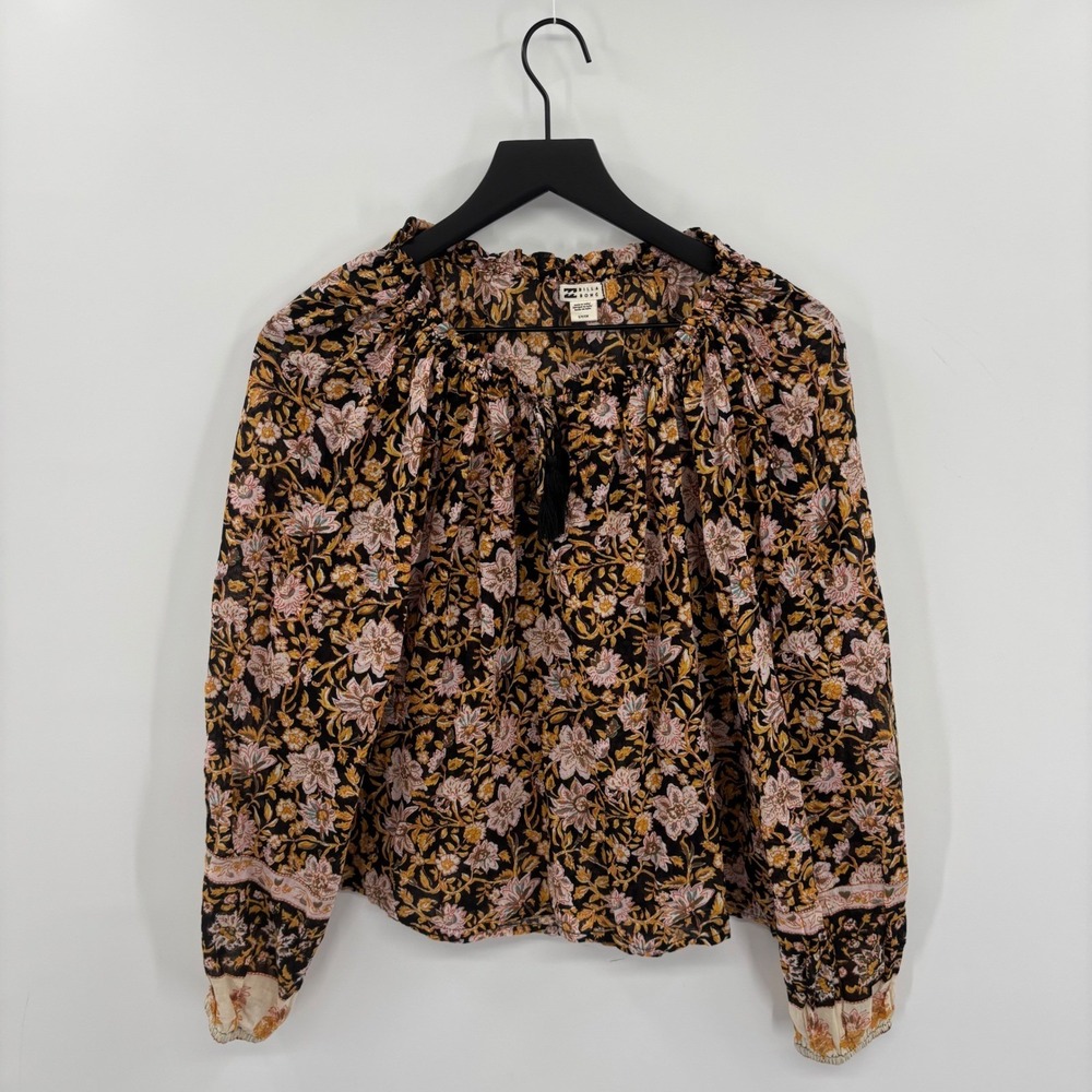 Billabong Boho Floral Peasant‎ Blouse Womens Small Black Long Sleeve Cottage NEW